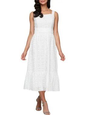 SLNY White Eyelet Midi Dress With Ruffle Hem Size 8 Sleeveless Cotton Blend New